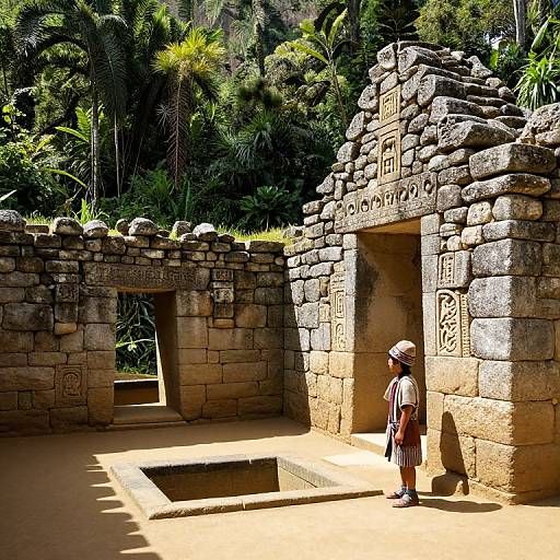 Photograph of a young girl in a hat and backpack standing in front of ancient, sunlit stone ruins with carved hieroglyphs, surrounded by