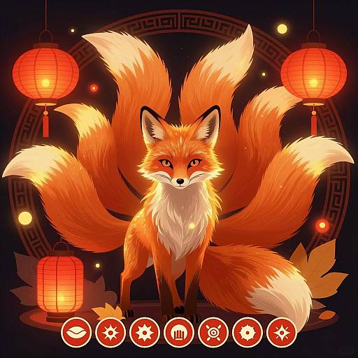 Digital Illustration of Mythical Nine-Tailed Fox with Lanterns