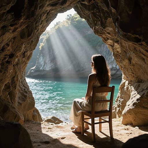 Photograph of a woman with long brown hair, in a white dress, sitting on a wooden chair inside a rocky cave, gazing at sunlit