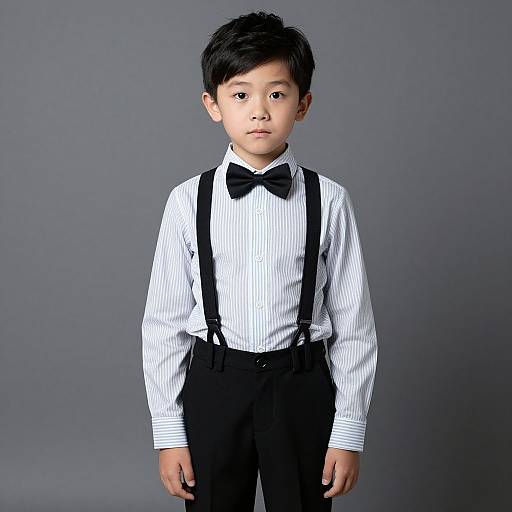 Photograph of an Asian young boy with black hair, wearing a white pinstripe shirt, black bow tie, and black suspenders with pants,