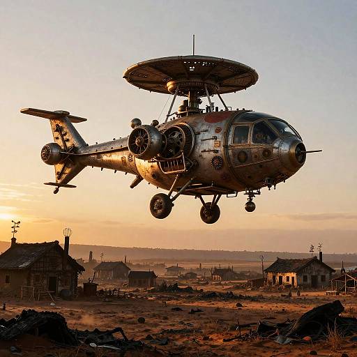 Steampunk Gyrocopter in Post-Apocalyptic Wasteland