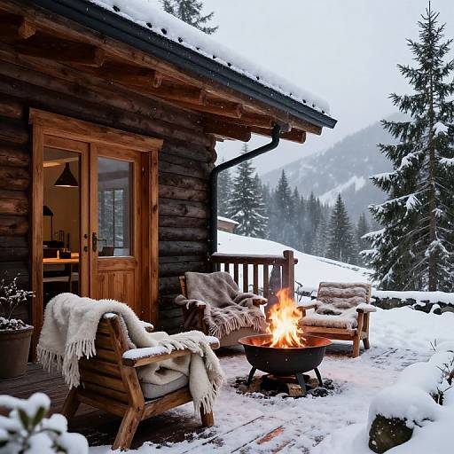 Photograph of a cozy log cabin porch in a snowy mountain setting, with a roaring fire, wooden chairs, a white blanket, and evergreen trees