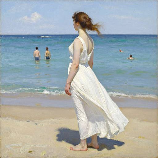 Photograph of a woman in a flowing white dress standing on a sunny beach, watching shirtless men swim in the clear blue ocean.