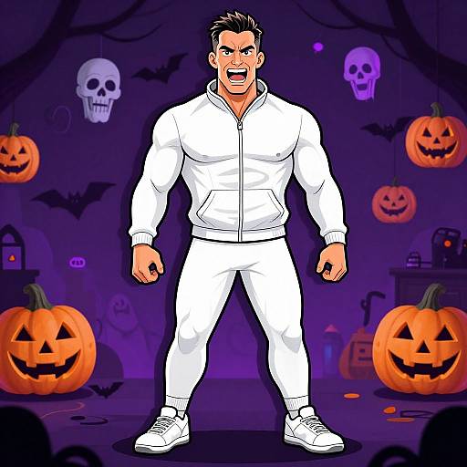 Cartoon-style drawing of a muscular man in white tracksuit, Halloween background with jack-o'-lanterns, bats, skulls, and purple hues