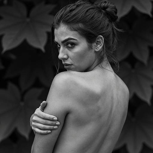 Black and White Portrait of Woman Looking Over Shoulder