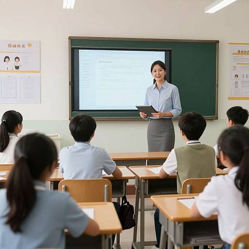 Teacher Presenting with Tablet in Classroom