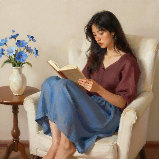 Photograph of an Asian woman with long black hair, wearing a burgundy top and blue skirt, reading a book in a cream armchair, with