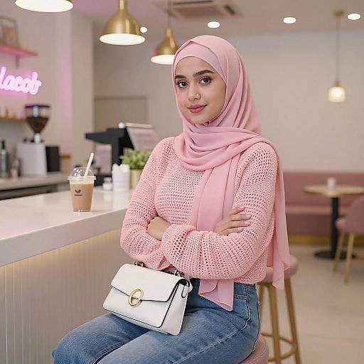 Young Woman in Pink Hijab at Café