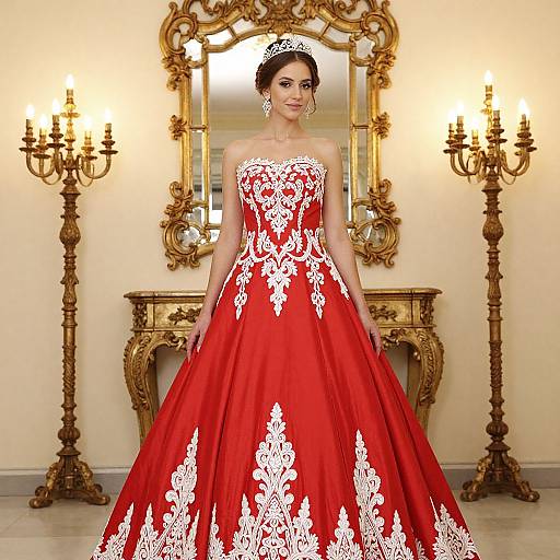Elegant Woman in Red Lace Wedding Gown