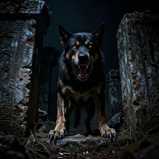 Photograph of a menacing black and brown wolf with glowing orange eyes, baring sharp teeth, standing in a dark, crumbling stone ruin with eerie lighting