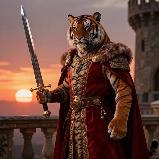 Digital art of a tiger warrior in medieval armor, holding a sword, standing on a balcony at sunset, with a castle in the background.