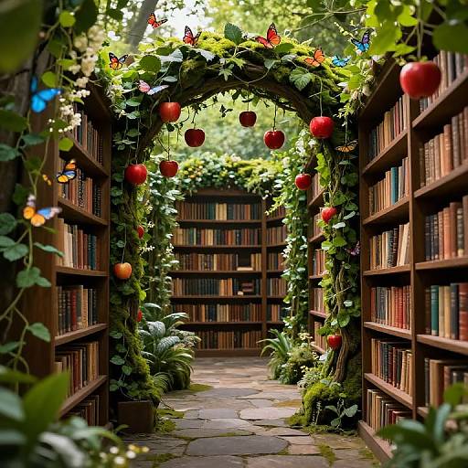 Magical Library in Enchanted Garden