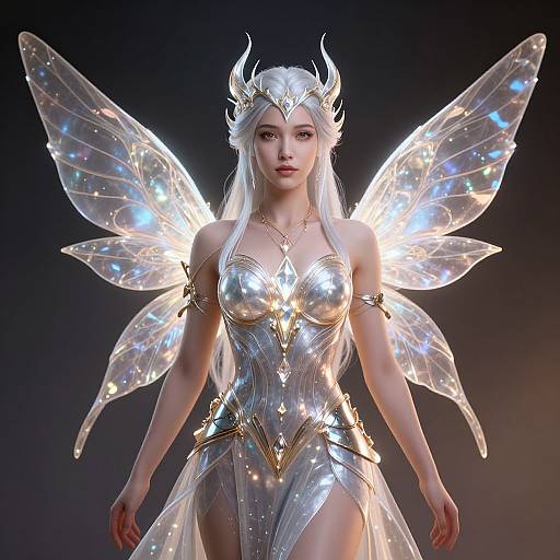 Digital artwork of a beautiful, fair-skinned female fairy with long white hair, glowing silver wings, and a shimmering, metallic dress, wearing a