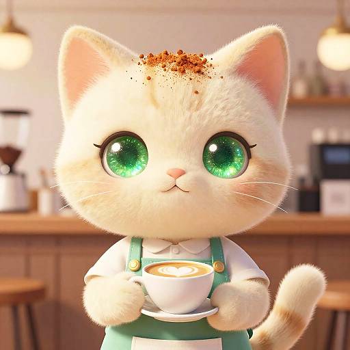 Kawaii Cat Cafe Barista with Emerald Eyes
