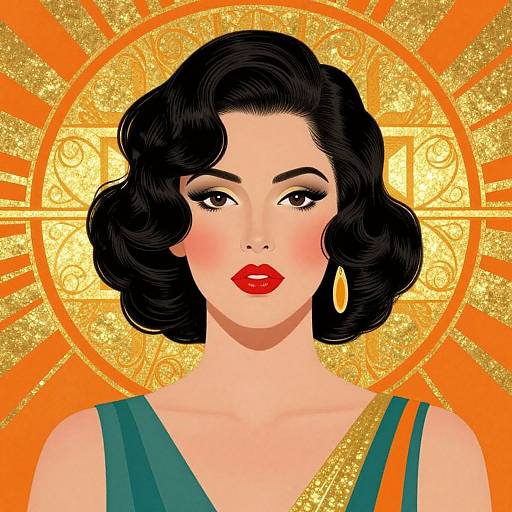 Digital illustration of a vintage-style woman with black wavy hair, red lipstick, and green dress, against a golden sunburst background.