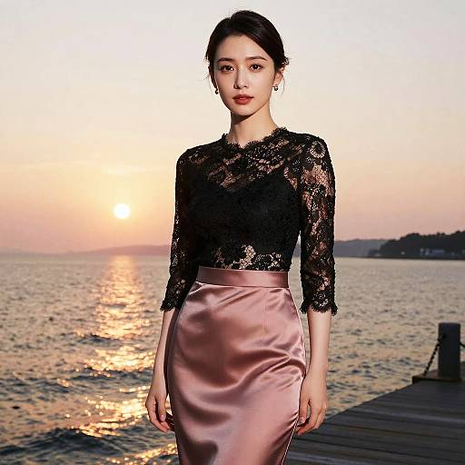 Elegant Woman at Sunset Pier