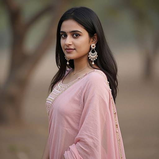 Photograph of an Indian woman with long black hair, wearing a pink traditional saree, adorned with gold jewelry, standing outdoors against a blurred tree background