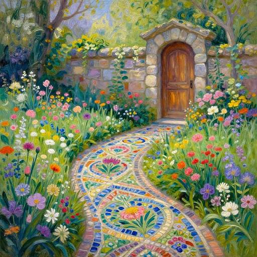 Vibrant digital painting of a flower-filled garden path with colorful mosaic tiles leading to a rustic wooden door, framed by a stone wall and lush green