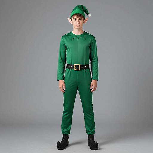Photograph of a young boy in a green elf costume with a pointed hat, black belt, and black shoes, standing against a plain gray background.