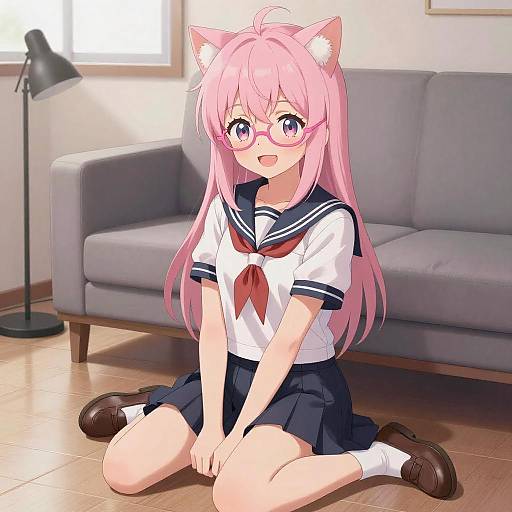 Anime Girl with Cat Ears in Sailor Uniform