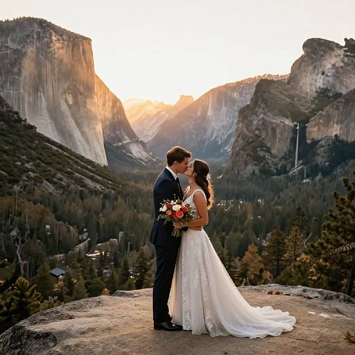 Photograph of a bride in a white lace dress and groom in a navy suit kissing on a mountain ledge at sunset, with Yosemite's cliffs and forest