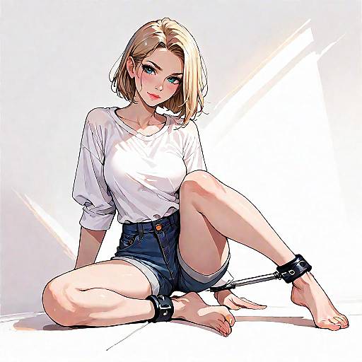 Blonde Girl in Denim Shorts with Spreader Bar