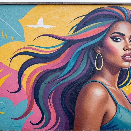 Vibrant digital portrait of a dark-skinned woman with long, multicolored pink, blue, and purple hair, wearing a teal top and