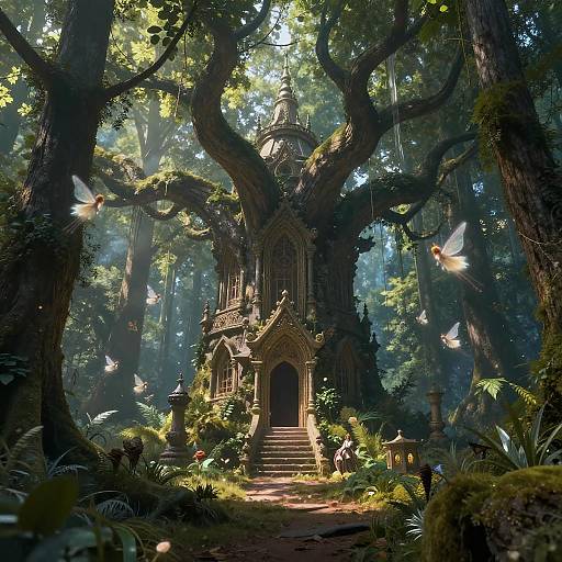 Enchanted forest with a moss-covered, gothic-style stone chapel, surrounded by towering trees, dappled sunlight, and fluttering white fair