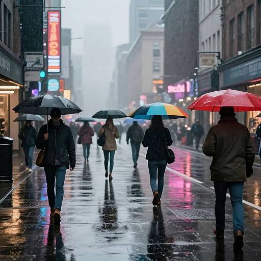 Photograph of a rainy urban street, people walking under colorful umbrellas, reflections on wet pavement, neon signs, foggy background.