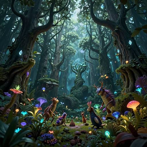 Enchanting digital fantasy forest scene with colorful bioluminescent mushrooms, whimsical creatures, towering trees, and a mystical glowing statue in the background