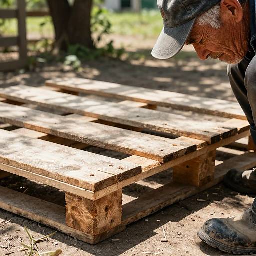 Photograph of an elderly man with a gray cap and weathered skin, building wooden pallets outdoors in bright sunlight.