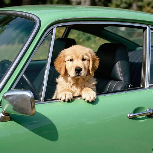 Photograph of a fluffy, golden-brown puppy with soft fur, leaning out of a green car window, looking curiously outside. Bright sunlight illumin