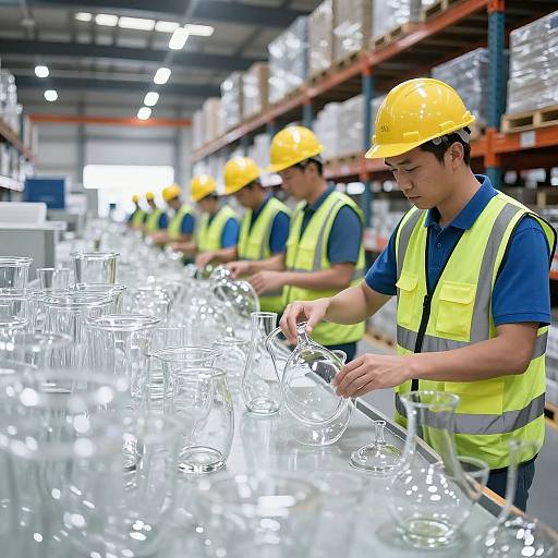 Photograph of Asian male factory workers in yellow helmets and neon vests, assembling clear glassware on a production line in a brightly lit warehouse.