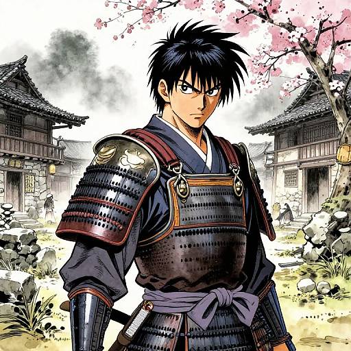 Anime-style drawing of a serious, black-haired samurai in detailed armor standing in a cherry blossom-filled Japanese village courtyard.