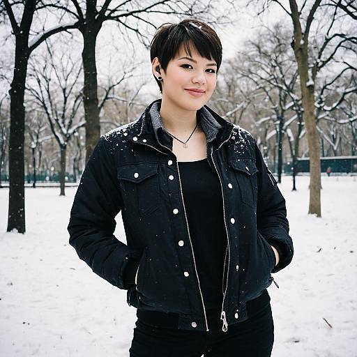 Photograph of an Asian woman with short black hair, wearing a black jacket and black top, standing in a snowy park with bare trees in the background