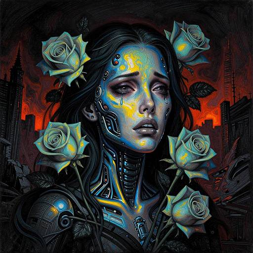 Digital artwork of a cybernetic woman with glowing blue and yellow patterns, white roses in hair, against a red, dark cityscape background. Cyber