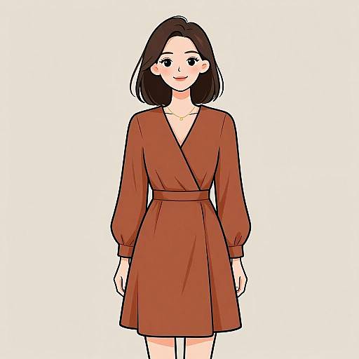 Smiling Woman in Rust A-Line Dress