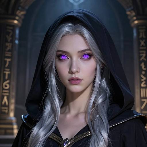 Digital art of a pale-skinned, silver-haired woman with glowing purple eyes, wearing a black hooded cloak, in a dimly lit, ar