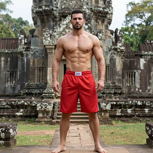 Photograph of a muscular, shirtless man with dark hair and beard, wearing red shorts, standing in front of an ancient, weathered stone temple