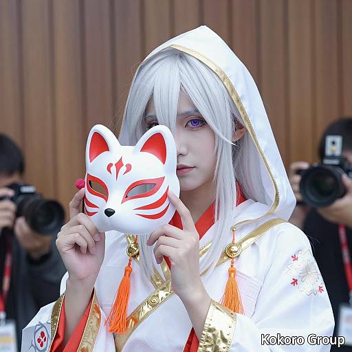 Cosplayer in White Hooded Robe Holding Fox Mask