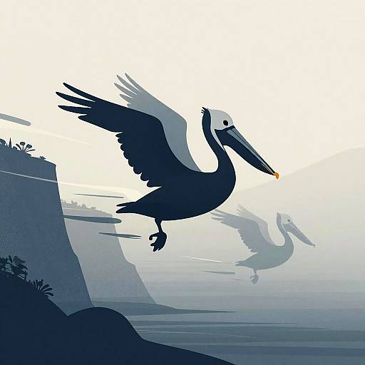 Stylized Pelicans in Misty Coastal Silhouettes