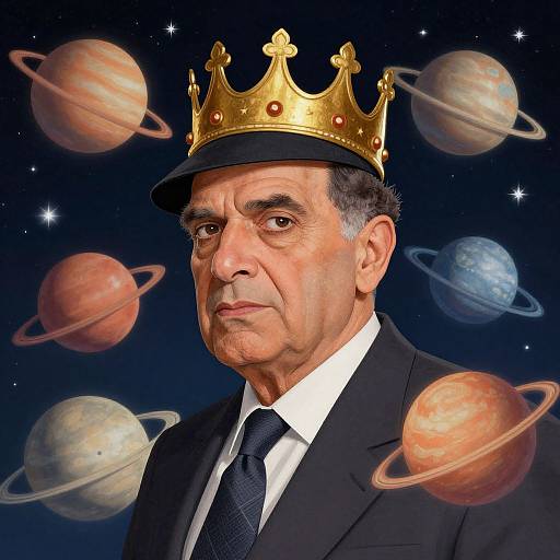 Photograph of an older man with dark hair, wearing a black suit, white shirt, black tie, and a gold crown, surrounded by colorful planets