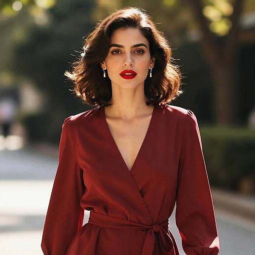 Photograph of a woman with dark wavy hair, red lipstick, and a deep maroon V-neck dress, standing outdoors in sunlight.