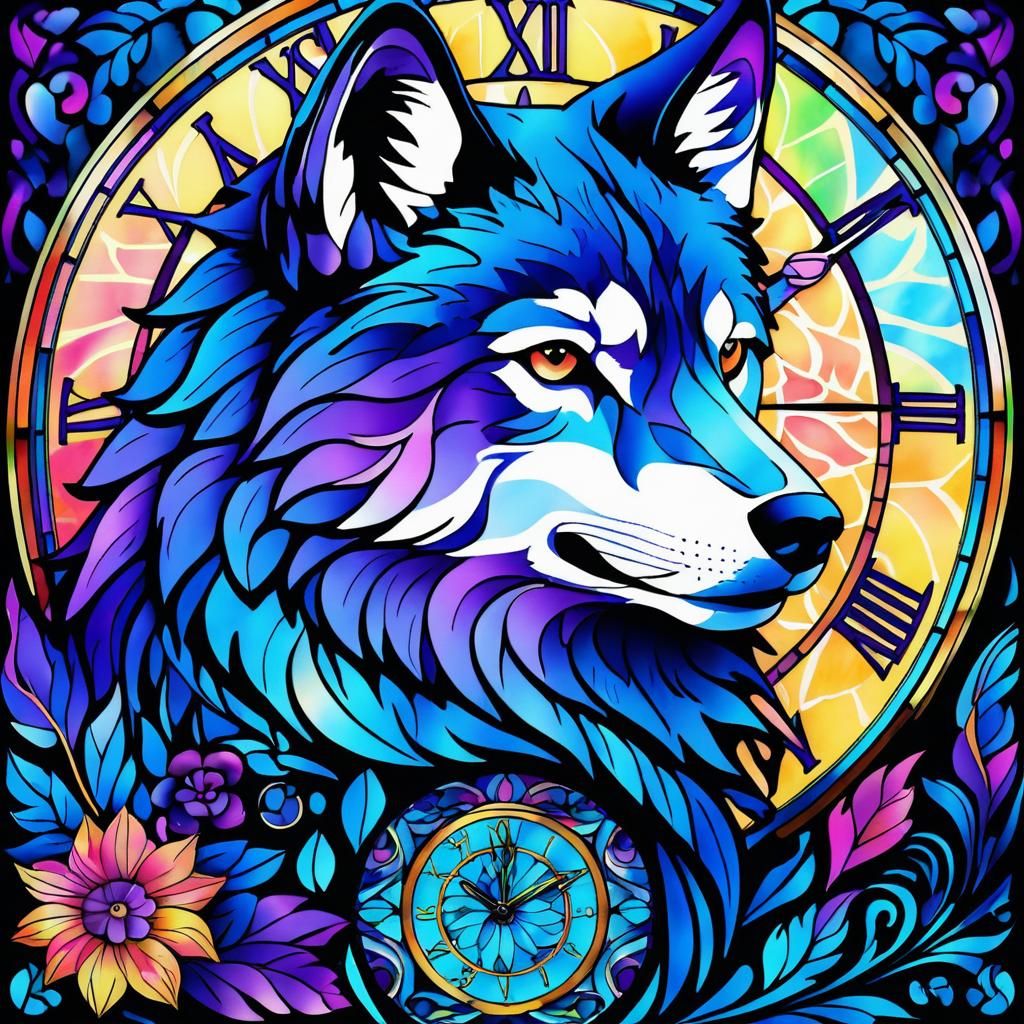 Vibrant Art Nouveau Wolf with Iridescent Flowers