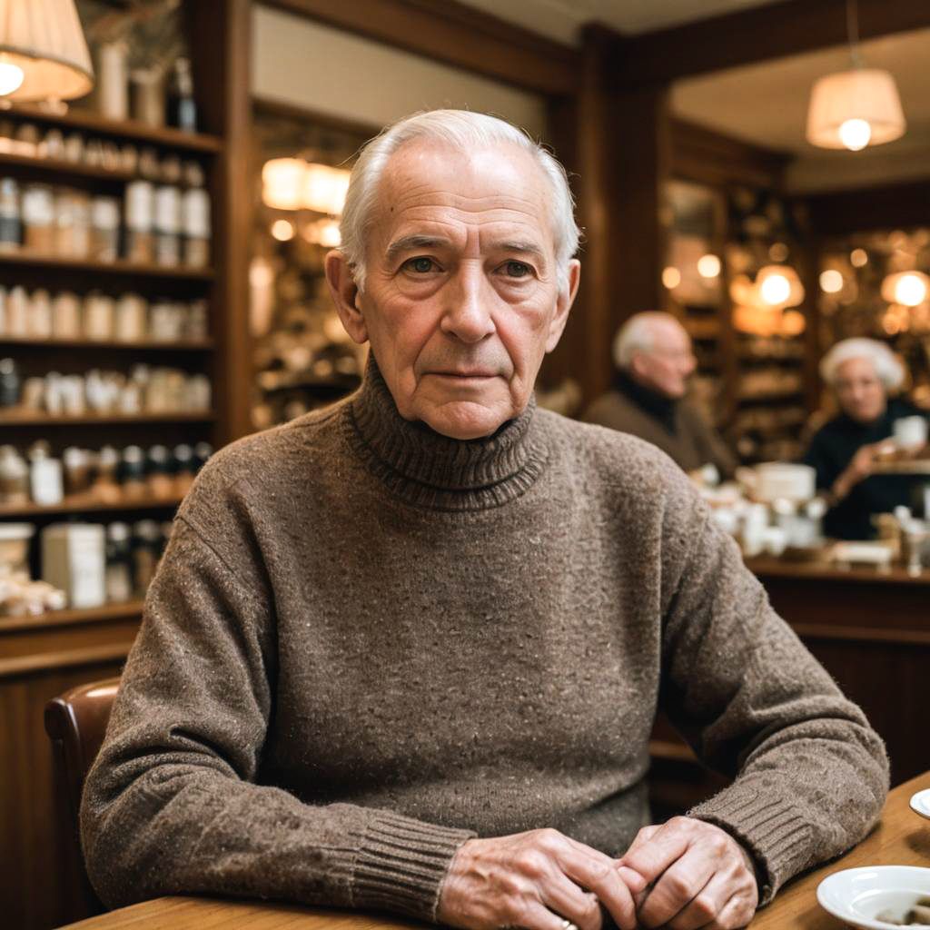 Elderly Gentleman in Cozy Tea Shop