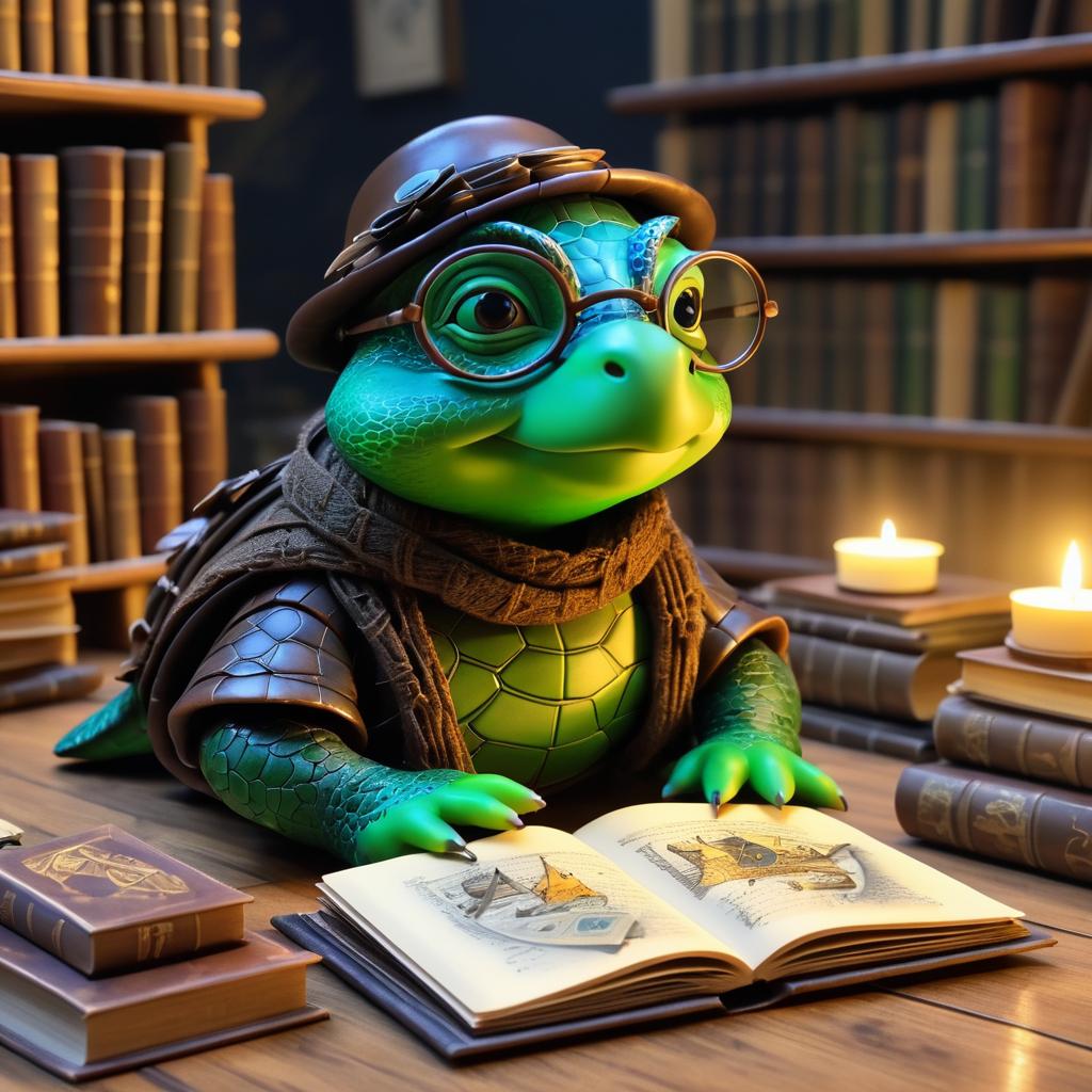 Whimsical Turtle Writer in Cozy Study