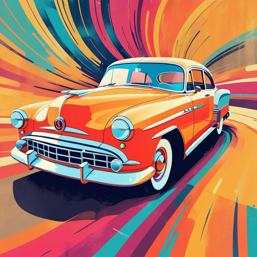 Vibrant Hand-Drawn Vintage Car Artwork