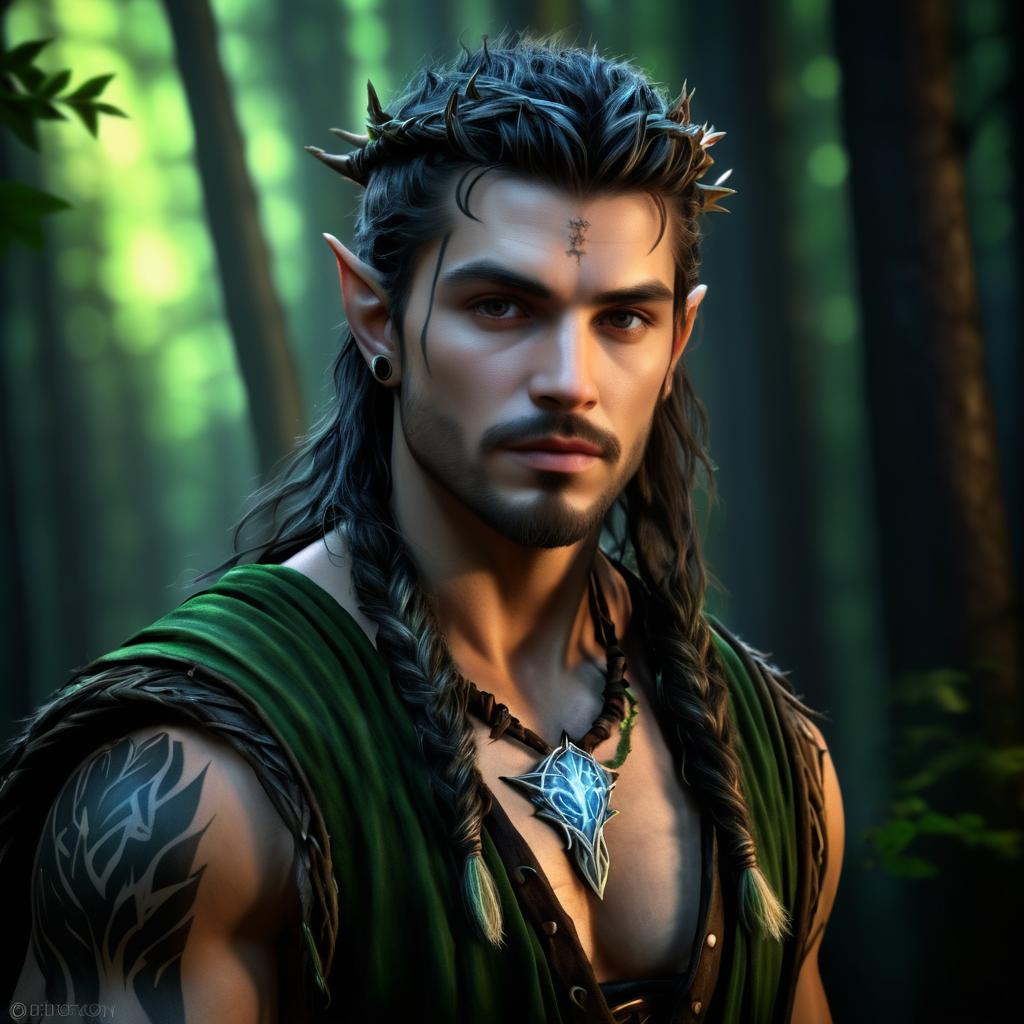 Dramatic Half-Elf Druid in Enchanted Forest