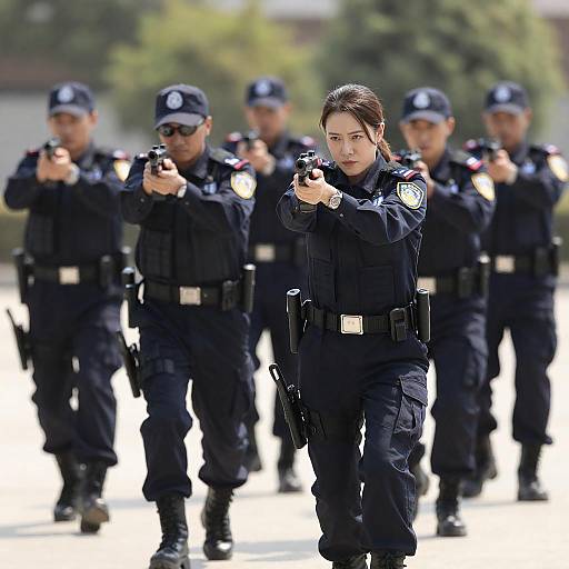 Female Officer Leading Tense Gunfight
