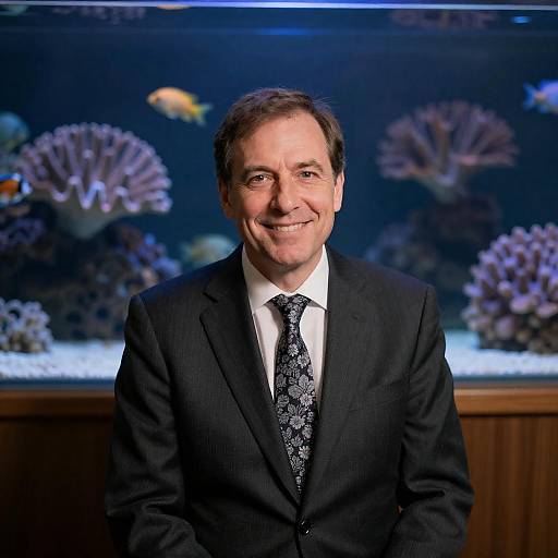 Smiling middle-aged man in suit with aquarium background